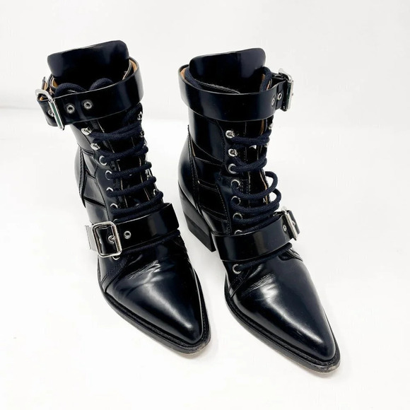 CHLOE Rylee Glossed Leather Ankle Boots Cut Out Black Size 37/7 - Picture 4 of 13